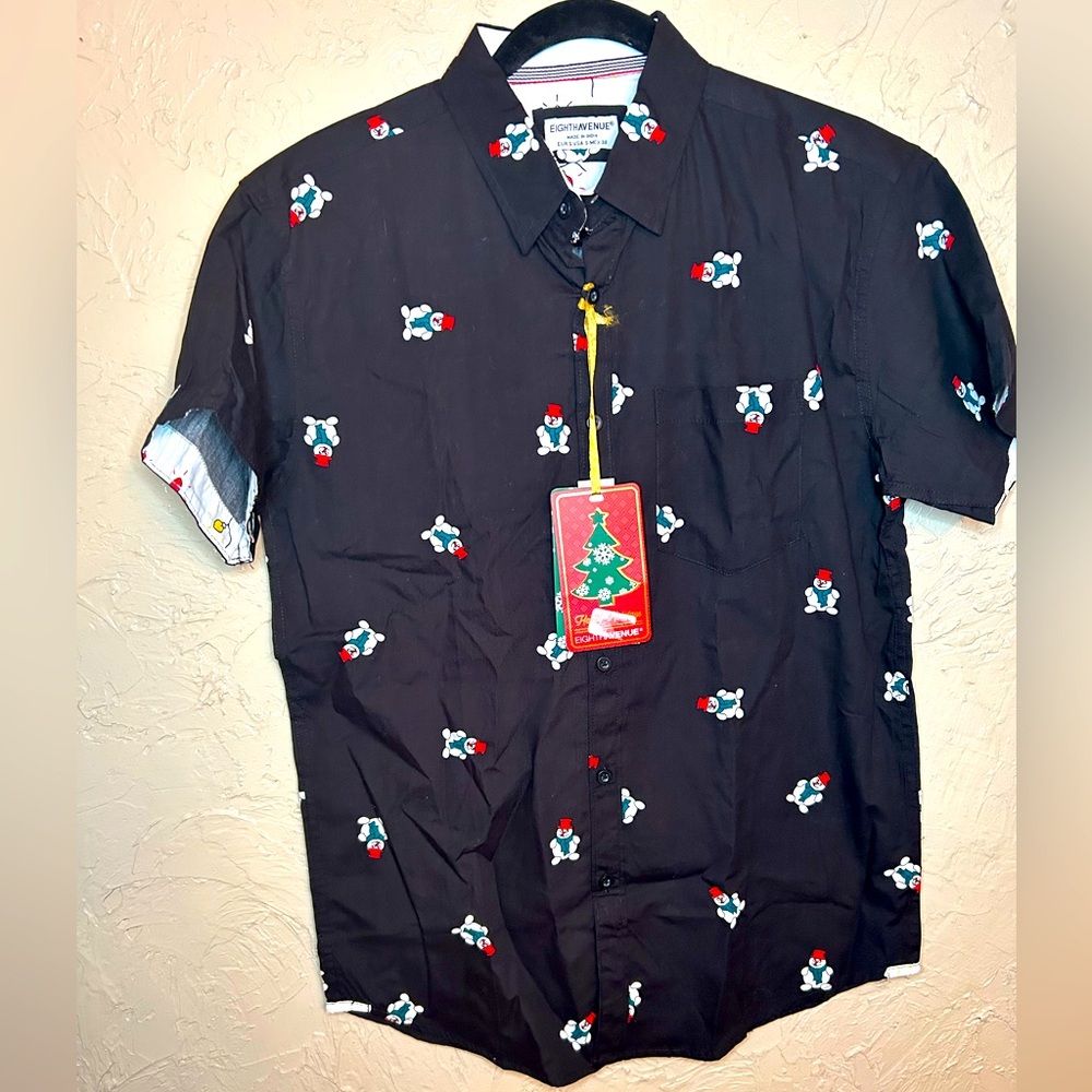 Eighth Avenue Mens Christmas Shirt Size M‎ Black Holiday Snowman Button Up ⛄️